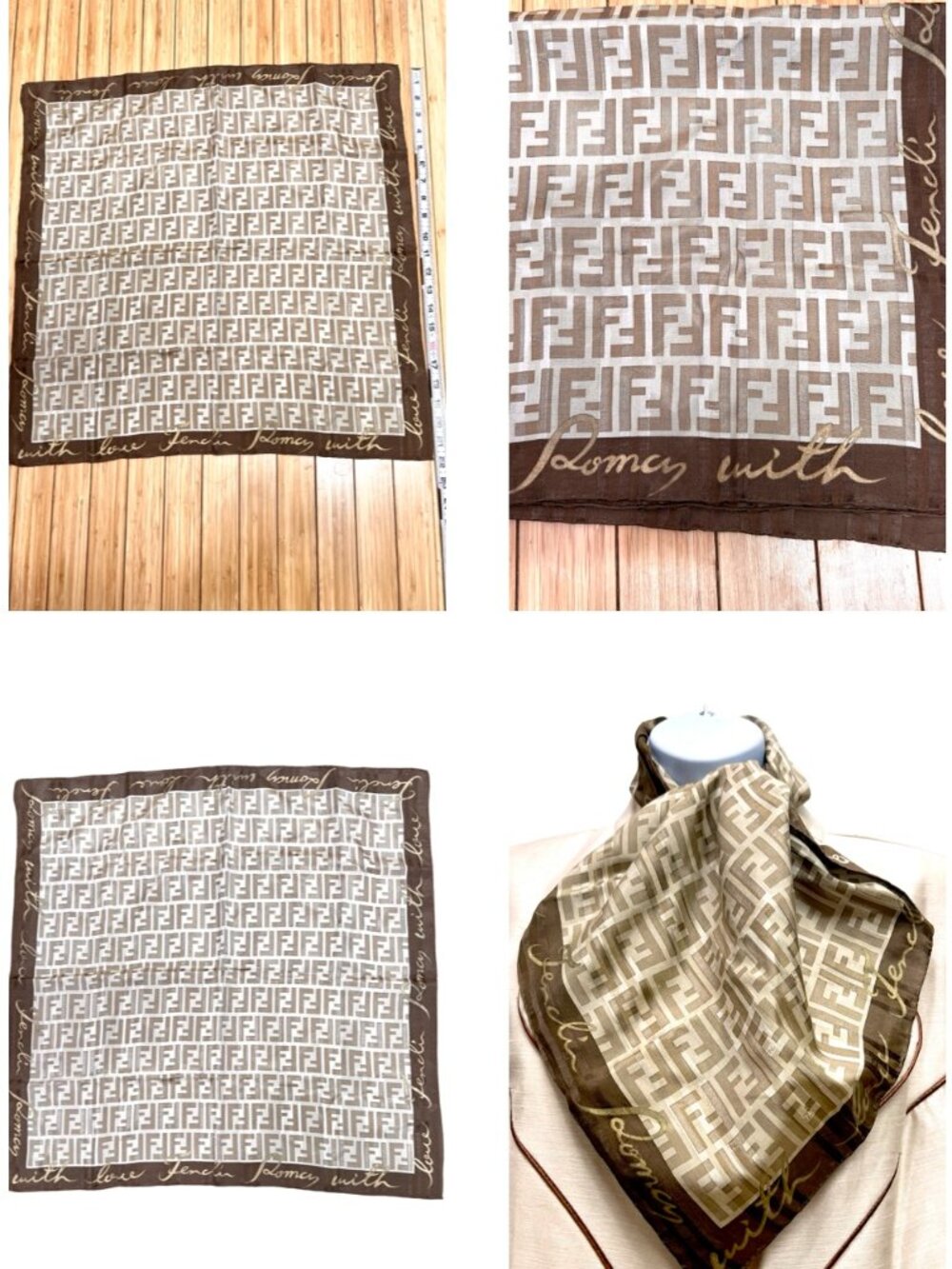 FENDI Zuca Mini Scarf/Bandana Silk 22.5" Beige Brown Logo FF Stiped (35 - Picture 11 of 13